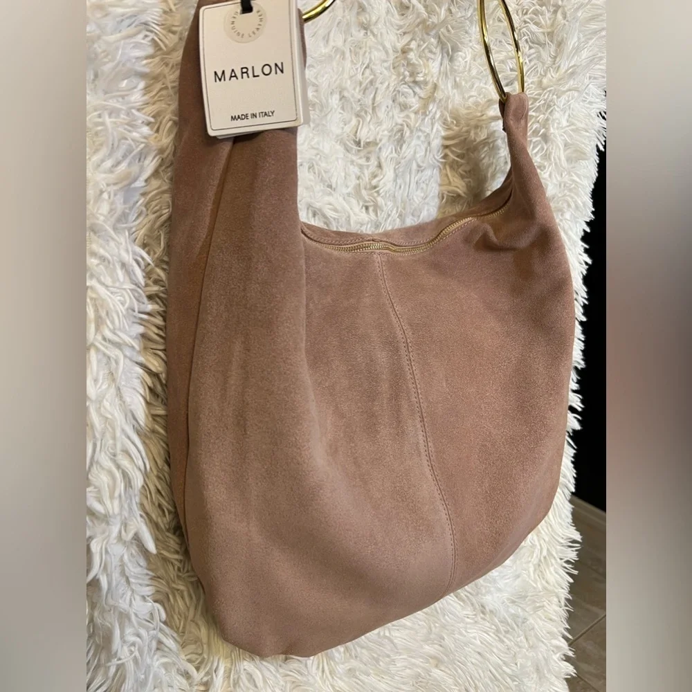 🩷NWT-MARLON GORGEOUS Made In Italy Genuine Suede Leather Circle Handle Hobo🩷